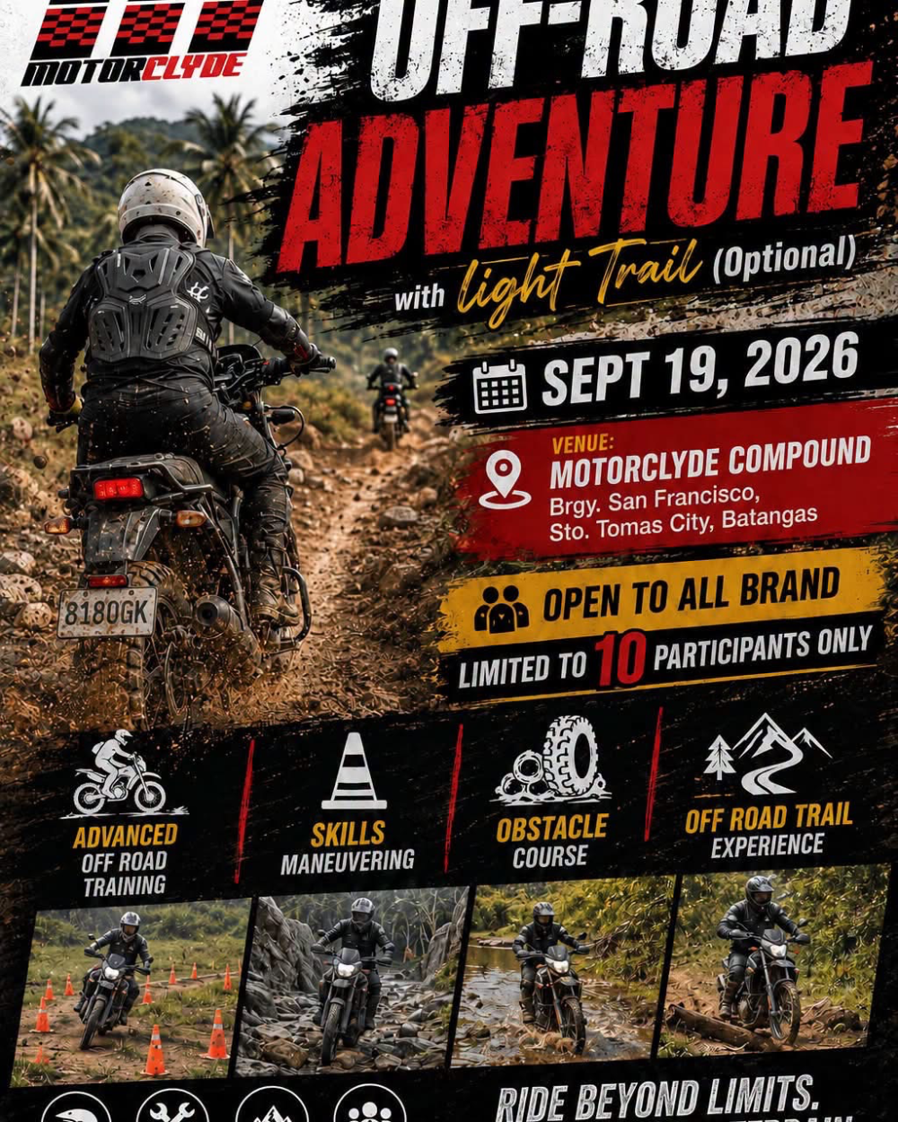 Off- Road Adventure with light trail ride poster — meetup at MotorClyde Training Center — 4234 Santo Tomas - Lipa Rd, Santo Tomas, Batangas
