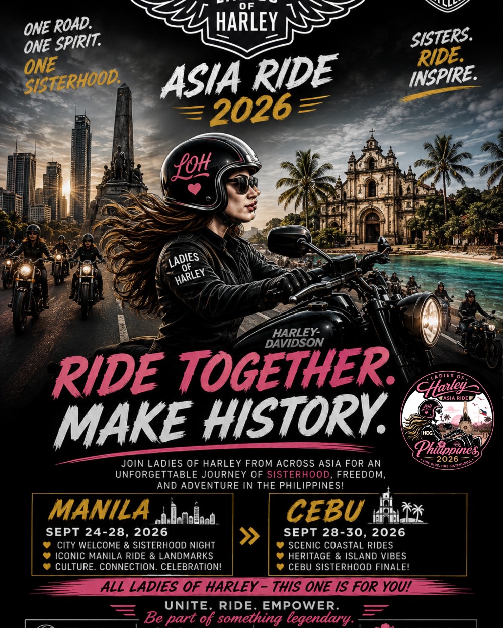 Ladies of Harley Asia Ride 2026 ride poster — meetup at Solaire Resort — Entertainment City, 1 Asean Ave, Tambo, Parañaque, 1701 Metro Manila